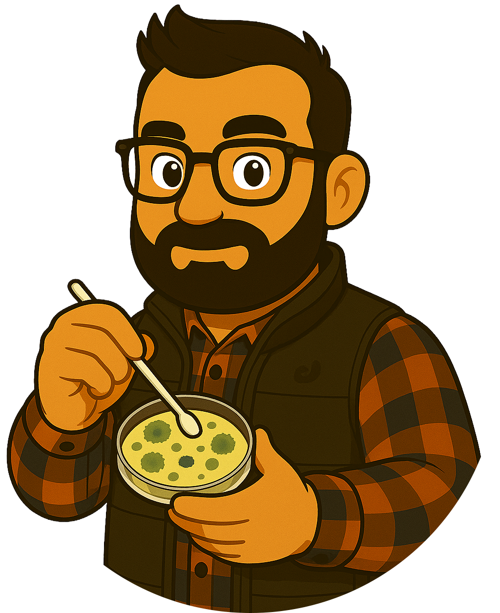 Illustration of a bearded man analyzing mold sample in petri dish
